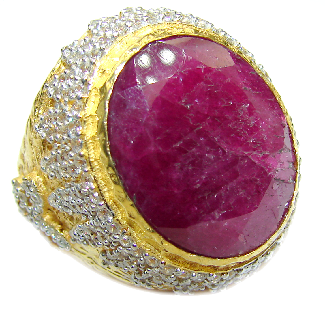 Large genuine Ruby 14K Gold over .925 Sterling Silver Statement Italy made ring; s. 9