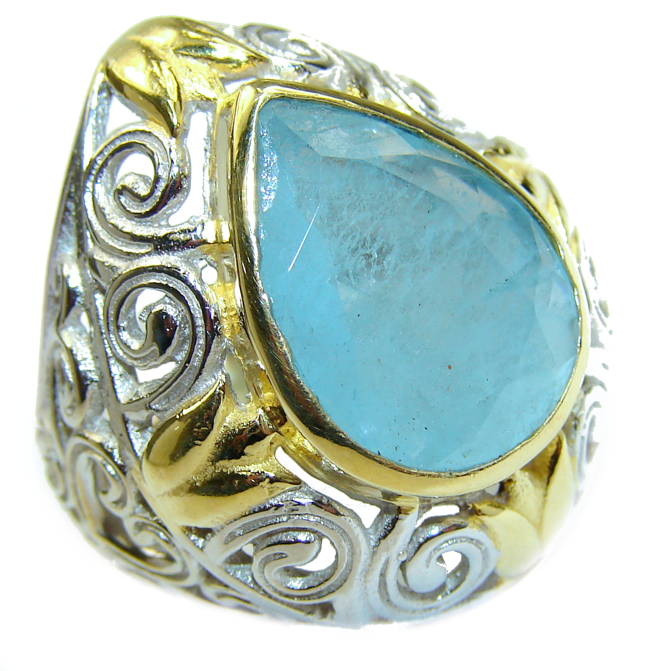 Spectacular genuine Aquamarine 14K Gold over .925 Sterling Silver handmade ring s. 7 1/4