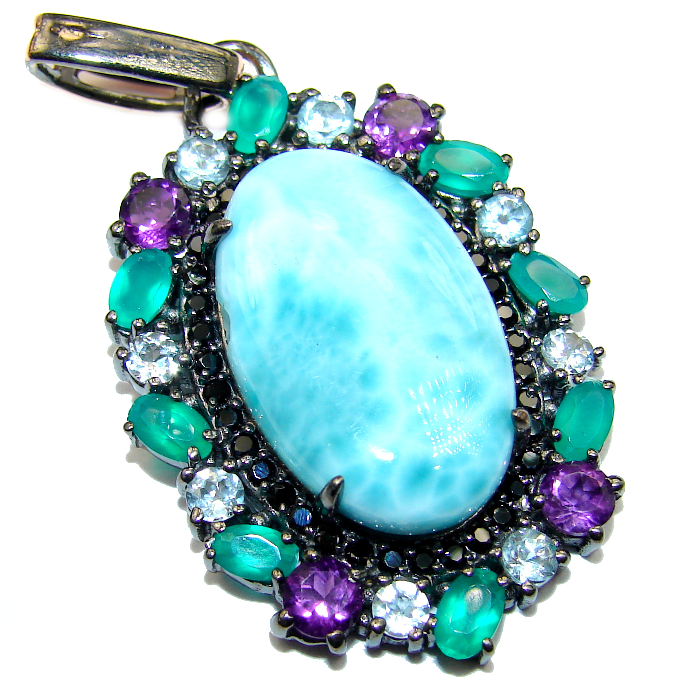 Reflection of Caribbean Sea Larimar Emerald Sapphire .925 Sterling Silver handmade pendant