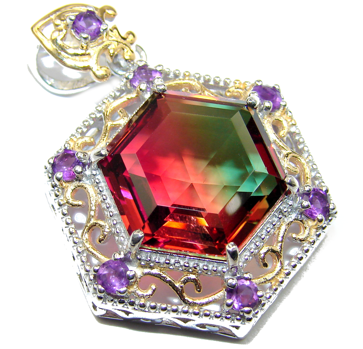 Deluxe Red Green Hexagon cut Watermelon Tourmaline pendant .925 Sterling Silver handmade Pendant