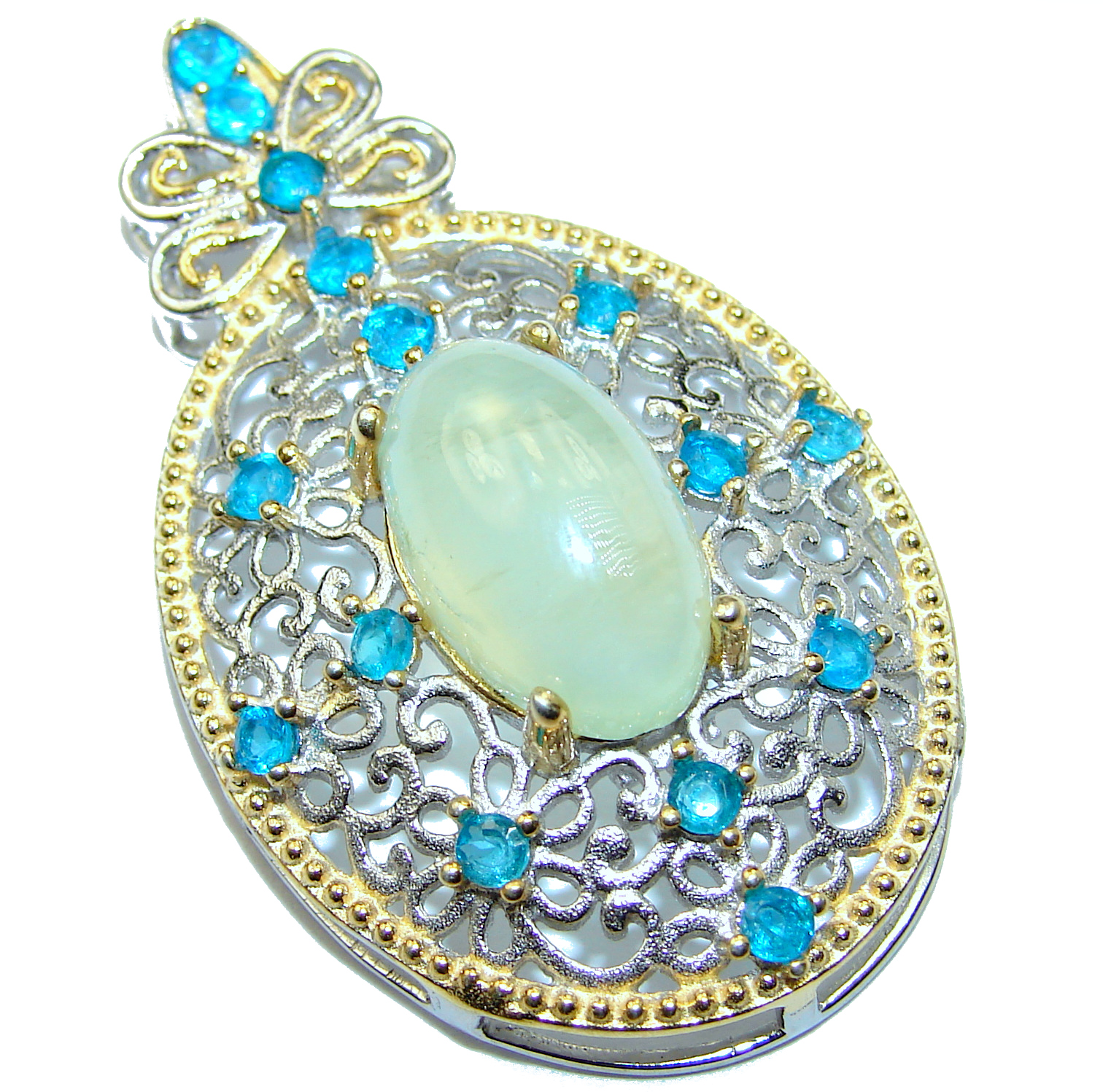 Royal Natural Moss Prehnite Paraiba Tourmaline .925 Sterling Silver handmade Pendant