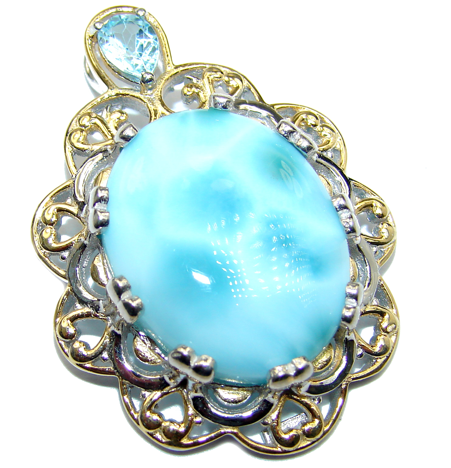 Sublime Beauty Caribbean Sea Larimar two tones .925 Sterling Silver handmade pendant