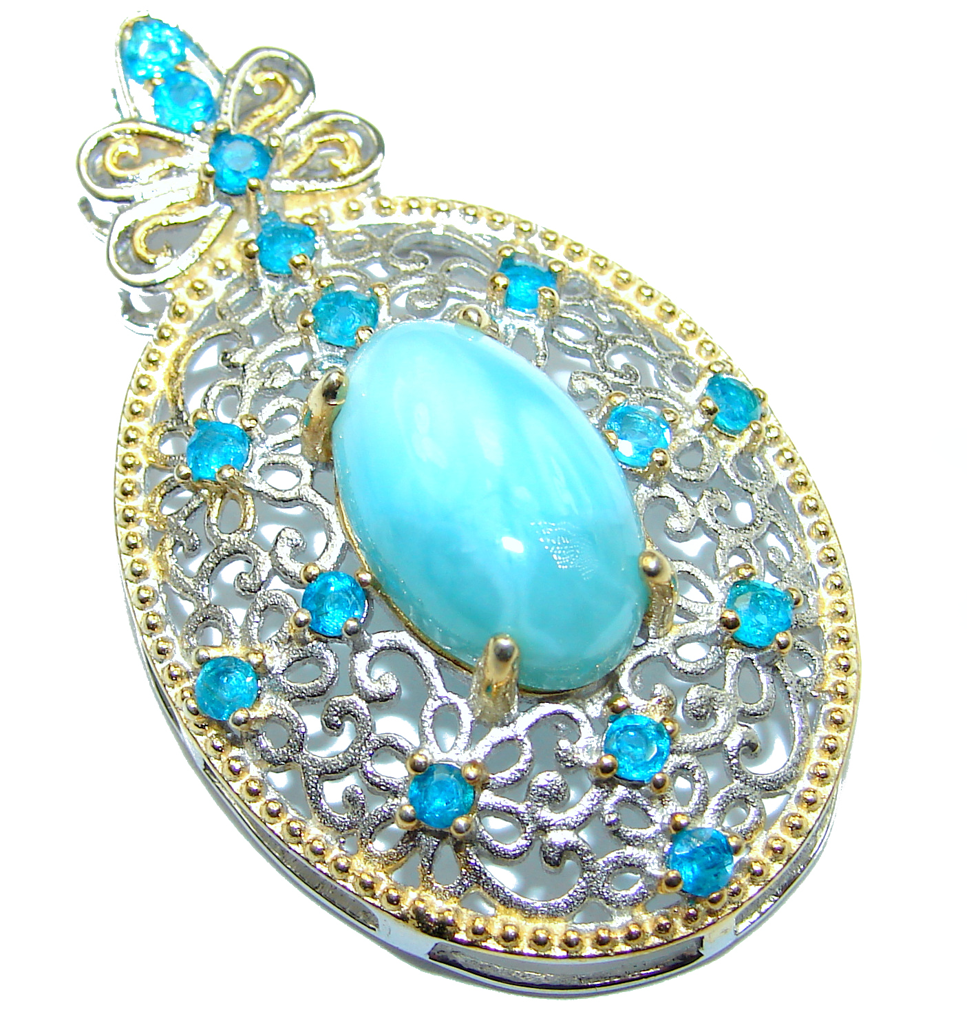 Royal Natural Larimar Paraiba Tourmaline .925 Sterling Silver handmade Pendant