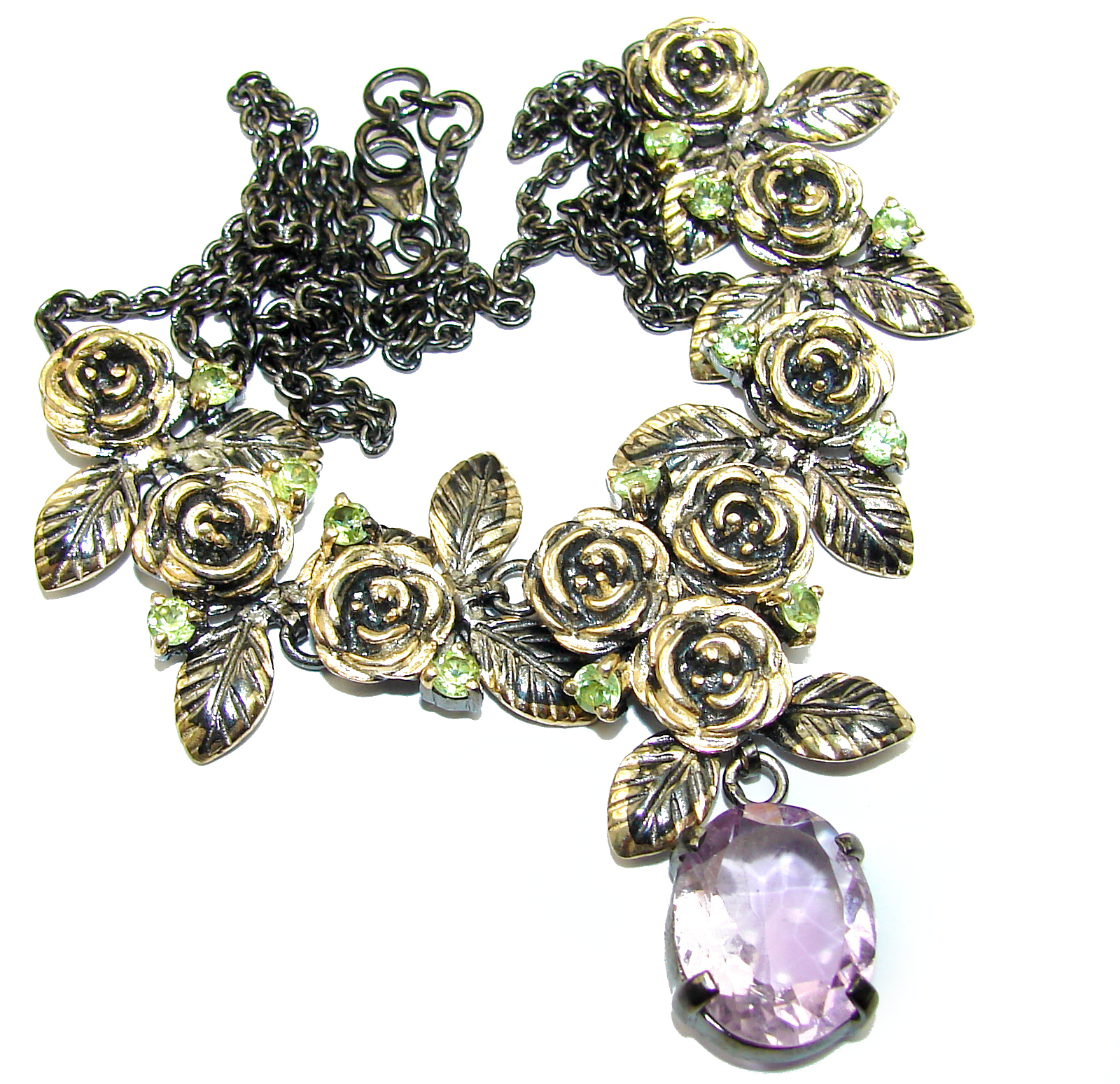 Artisan Master Piece genuine Amethyst two tones .925 Silver handcrafted Necklace