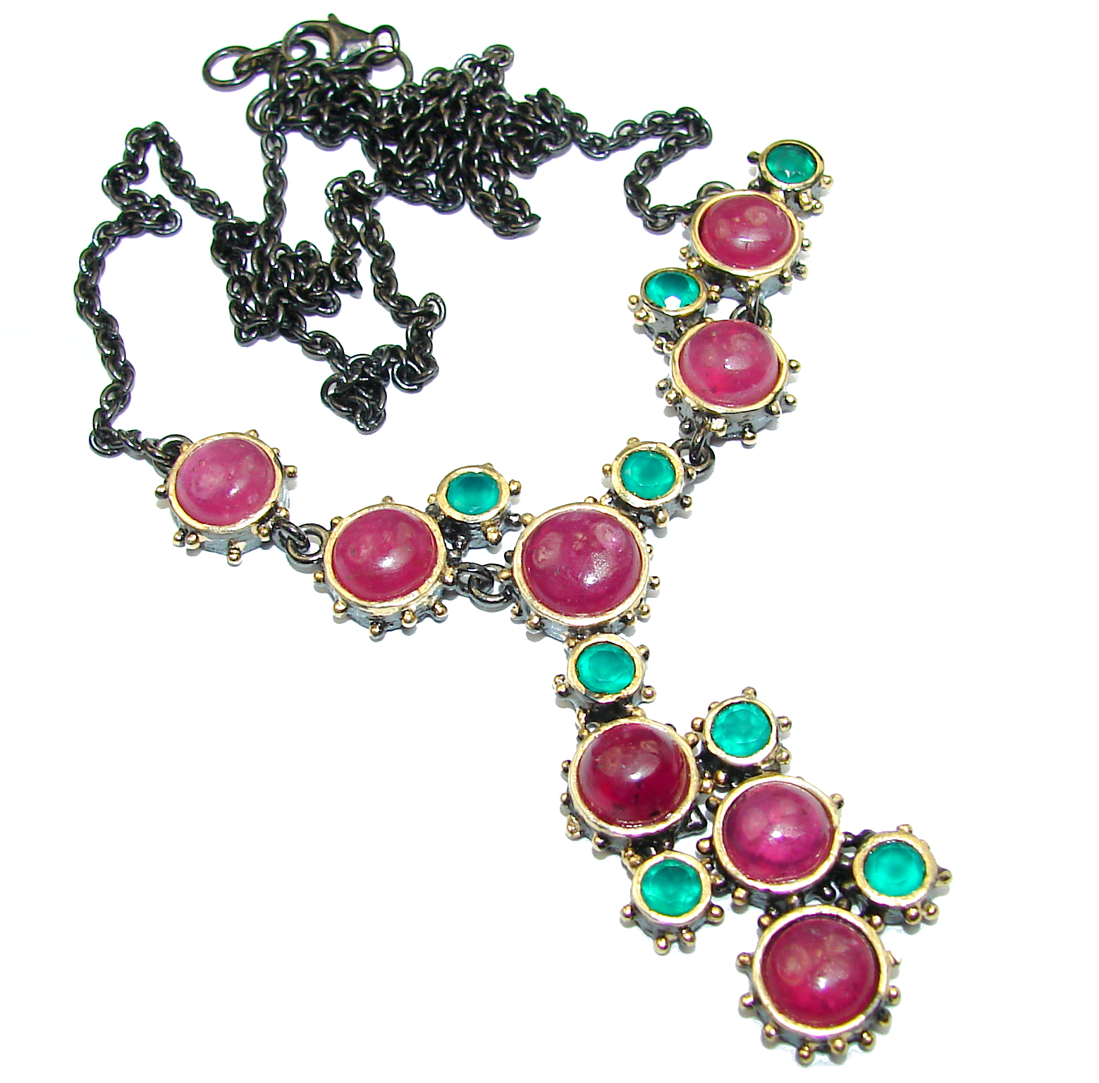 Great Masterpiece genuine Garnet Emerald 14K Gold over .925 Sterling Silver handmade necklace
