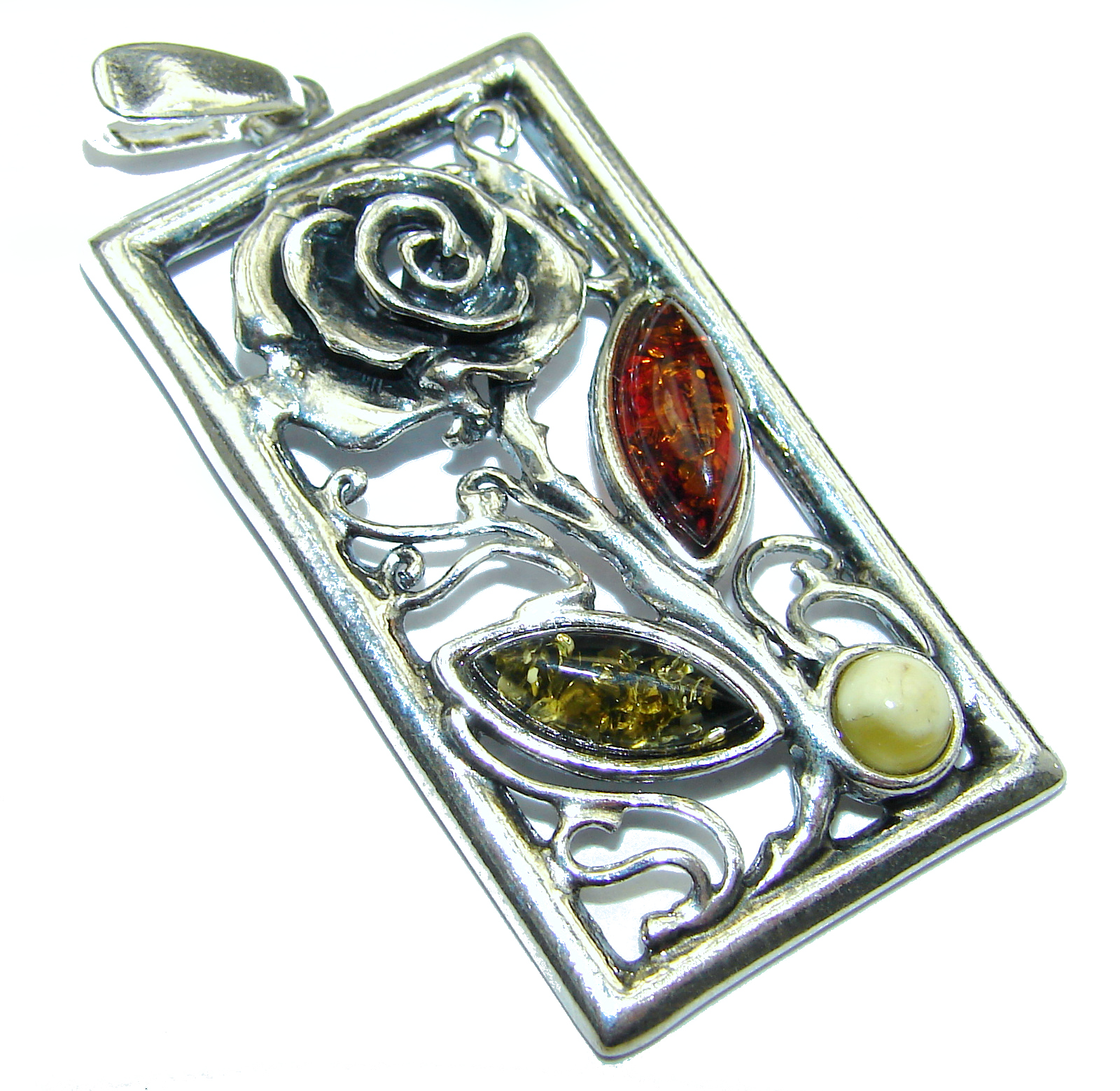 Vintage Rose Polish Amber .925 Sterling Silver handcrafted Pendant