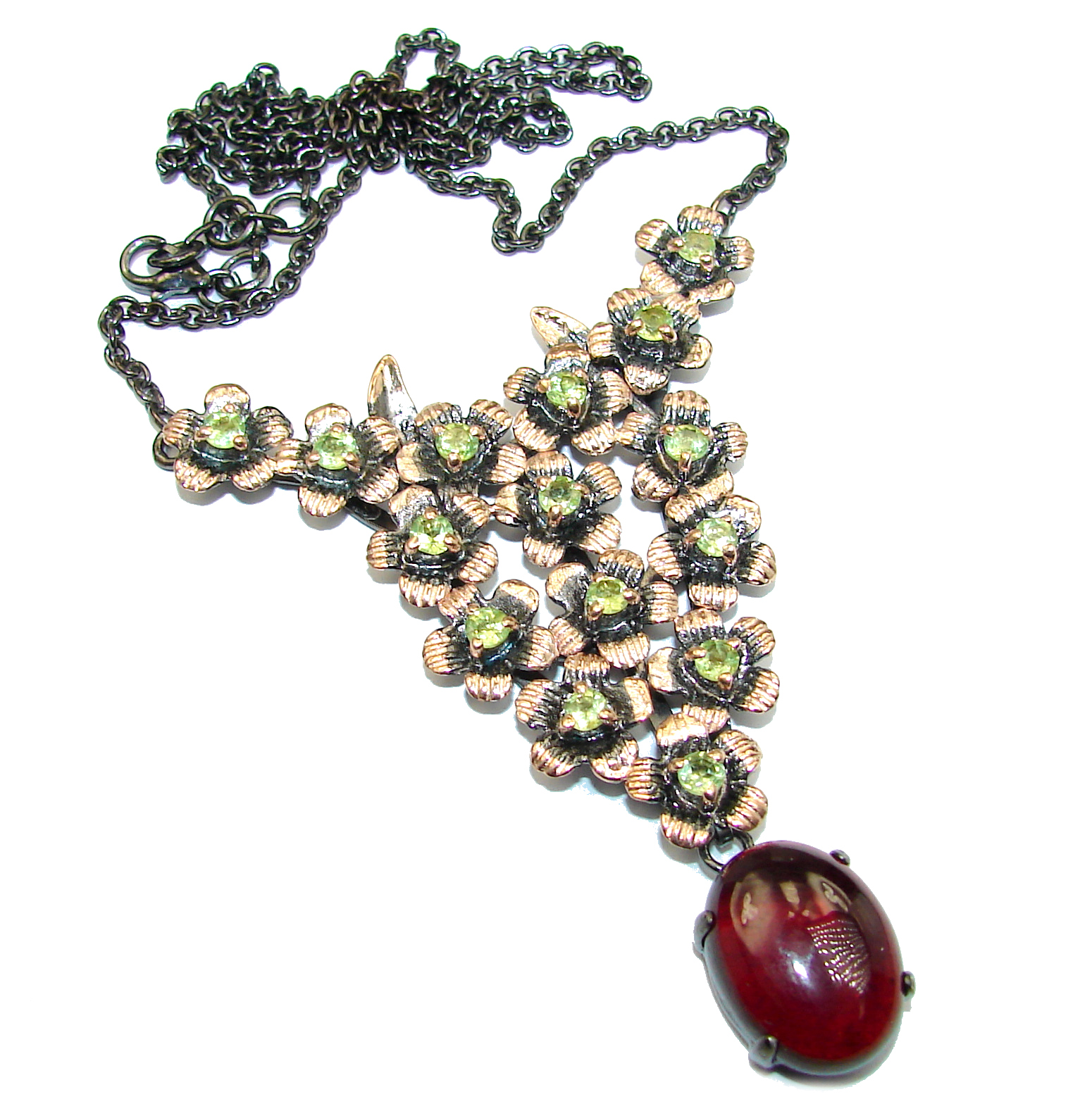 Floral Design Genuine Garnet 14K Gold over .925 Sterling Silver handmade necklace