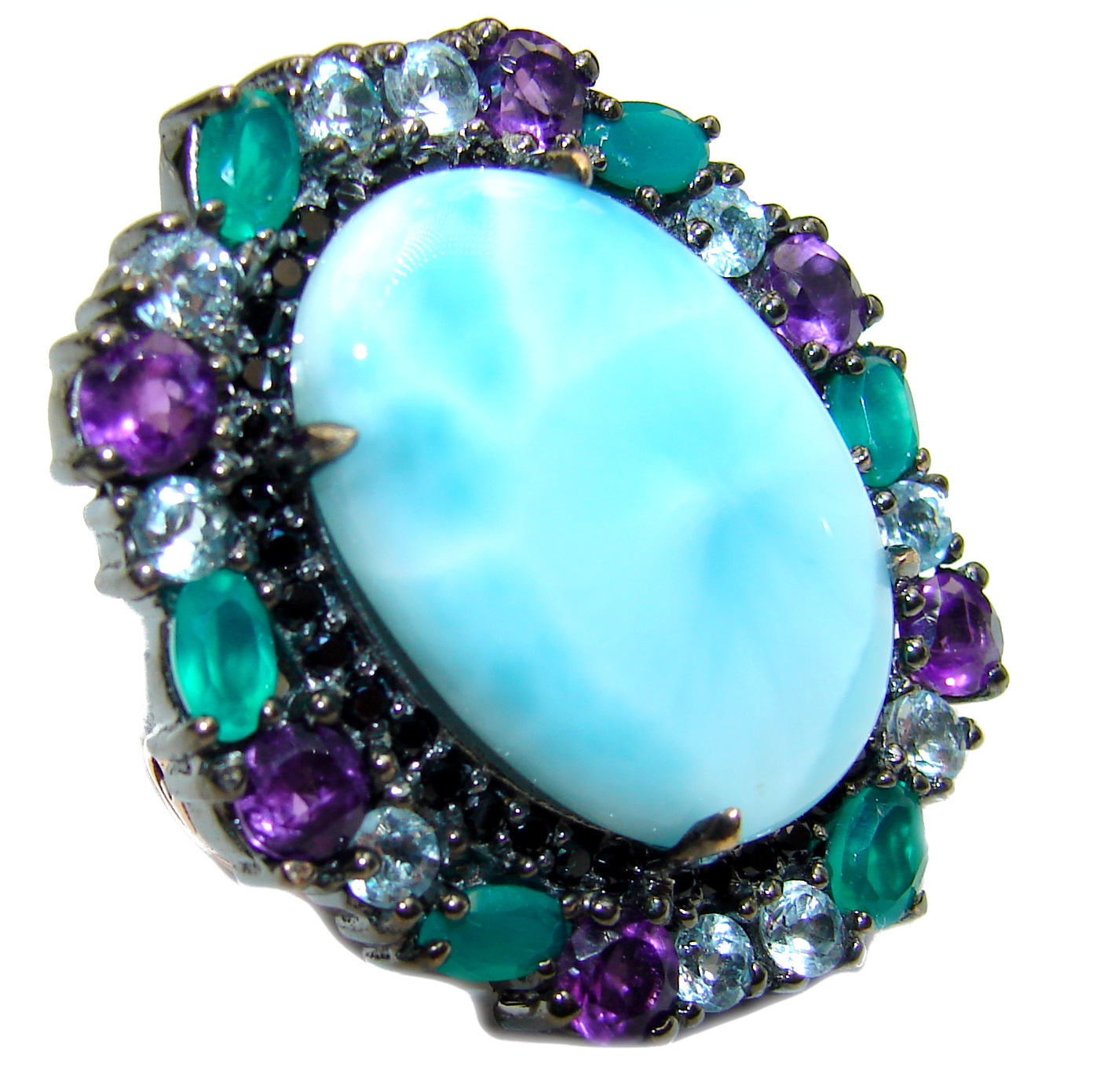 Natural Larimar Emerald Black Rhodium over .925 Sterling Silver handcrafted Ring s. 6