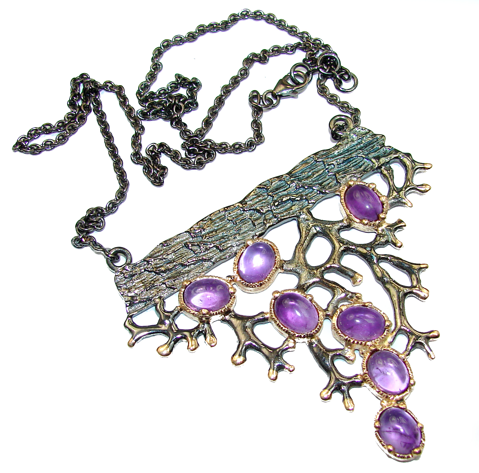 Artisan creation genuine Amethyst two tones .925 Silver handcrafted Necklace