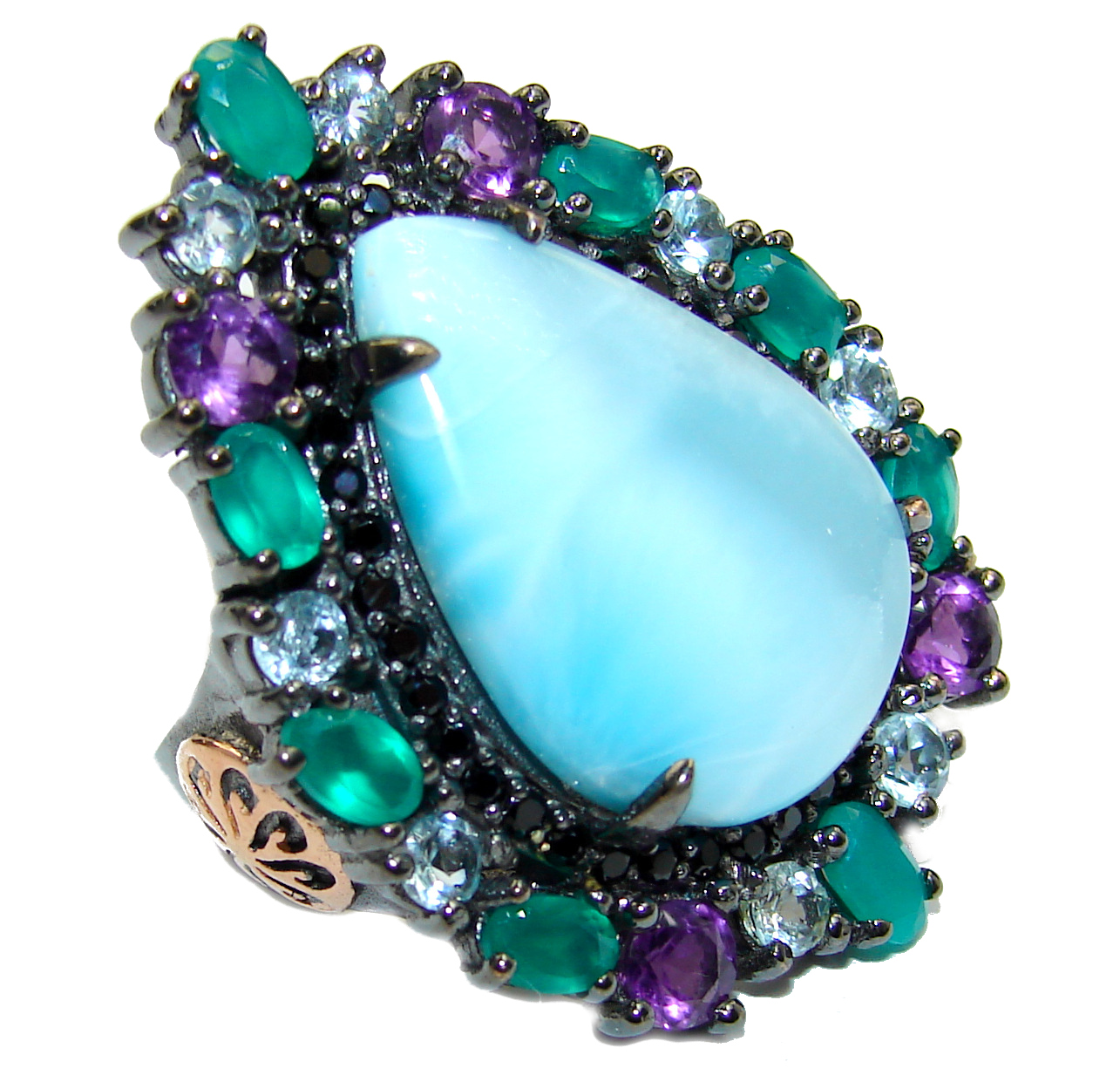 Natural Larimar Emerald Black Rhodium over .925 Sterling Silver handcrafted Ring s. 7
