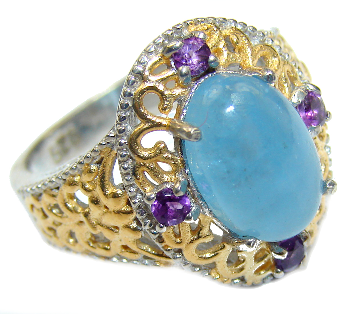 Spectacular genuine Aquamarine 14K Gold over .925 Sterling Silver handmade ring s. 7