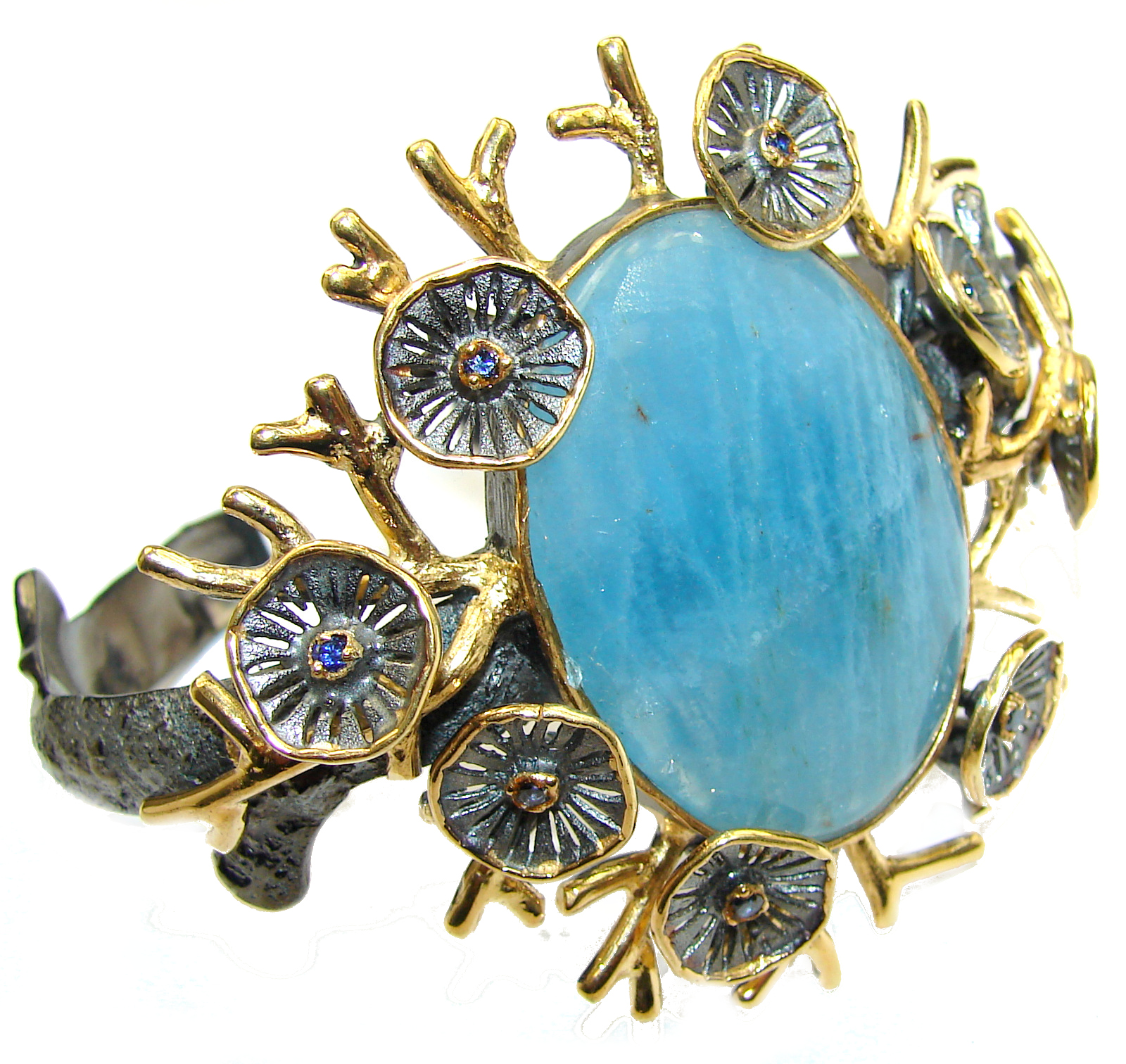 New Universe Genuine 85ct. Aquamarine 14K Gold over .925 Sterling Silver handmade Bracelet Cuff