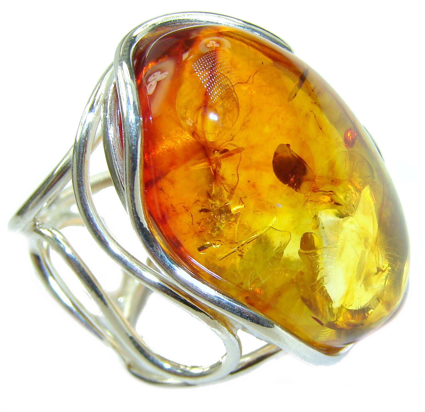 HUGE authentic Baltic Amber .925 Sterling Silver handcrafted ring; s. 7 adjustable