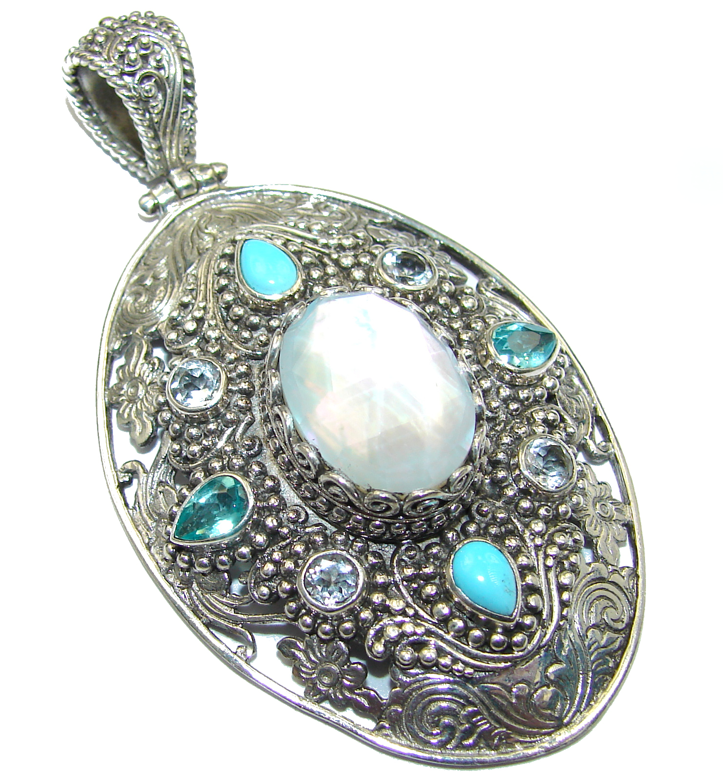 Vintage Design White Mother of Pearl Apatite .925 Sterling Silver handcrafted pendant