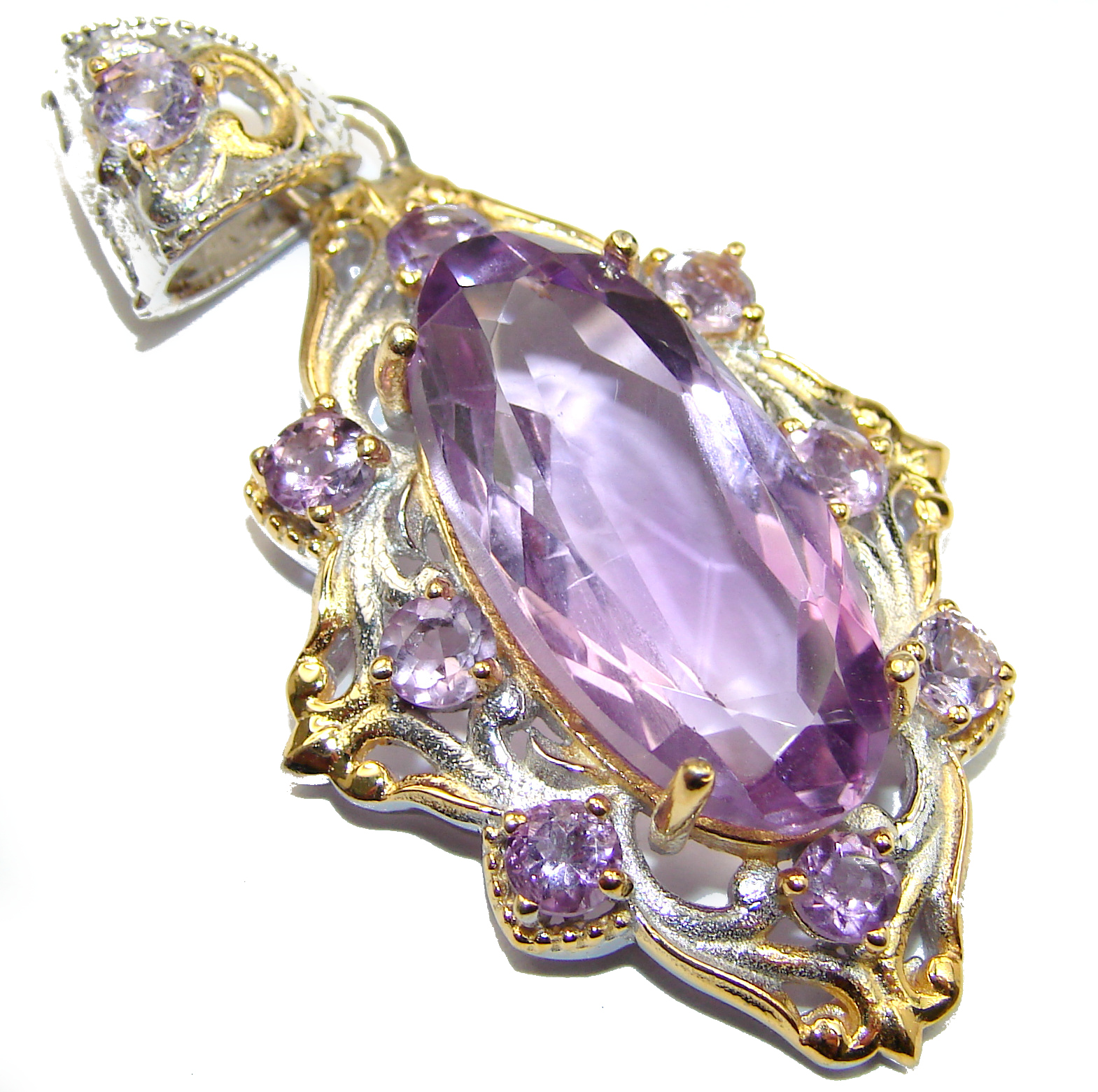 Royal Treaure Genuine 45ct Pink Amethyst 14K Gold .925 Sterling Silver handmade Pendant