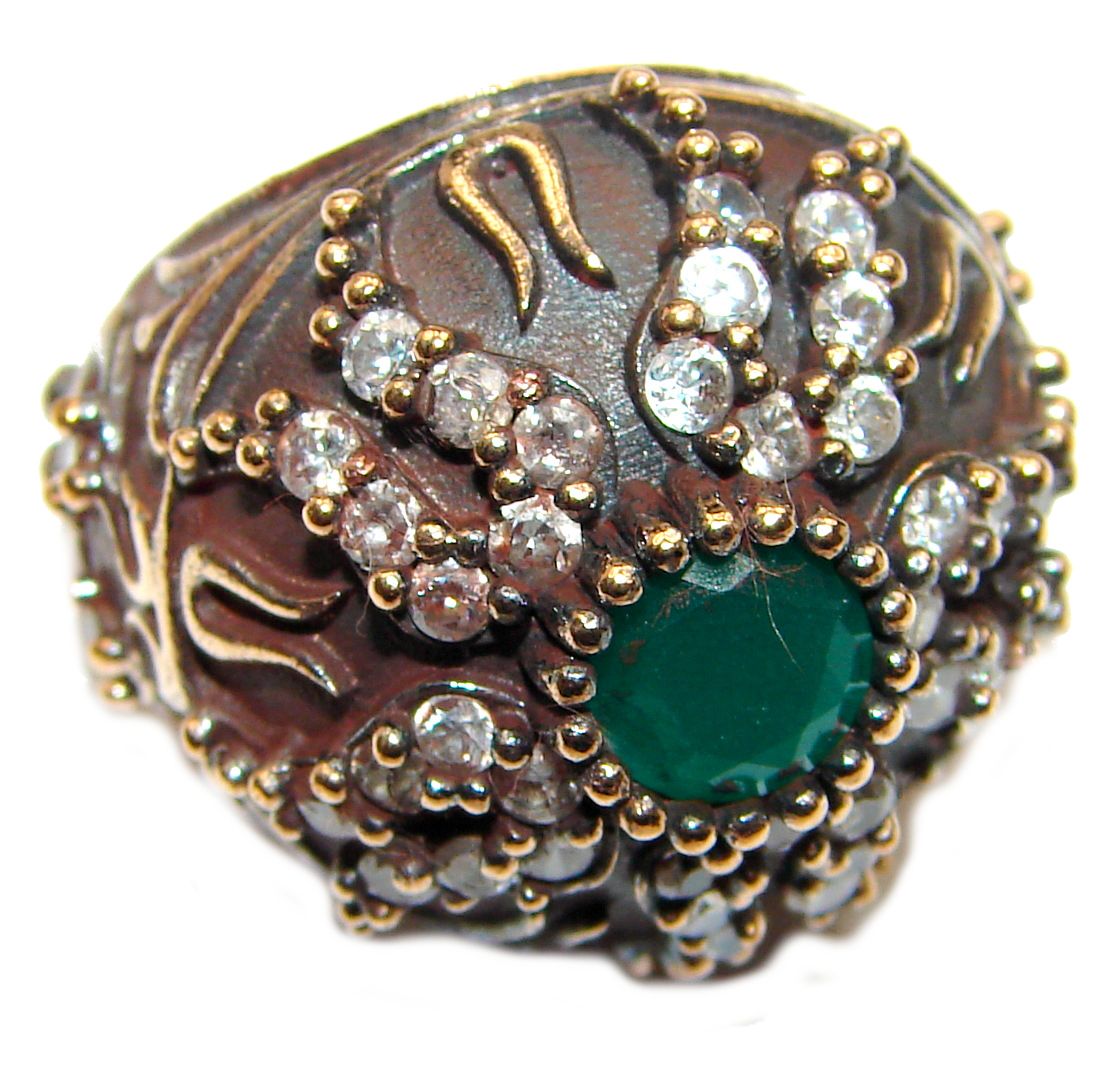 Victorian Style created Emerald & White Topaz Sterling Silver Ring s. 6 1/4