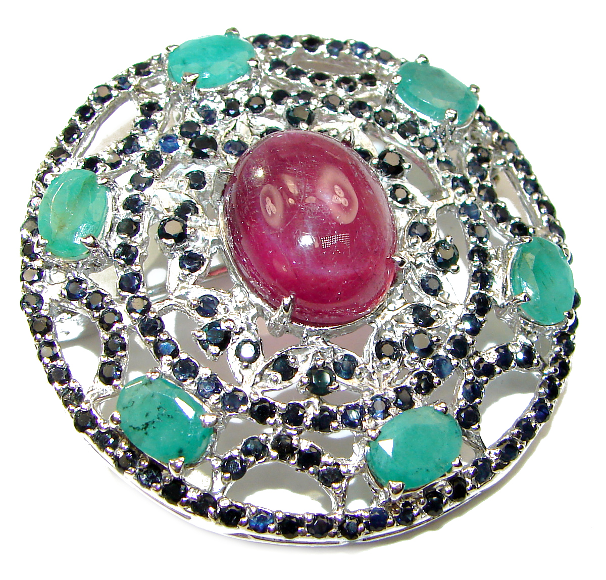 SPECTACULAR Genuine Kashmir  Ruby .925  Sterling Silver handmade Pendant - Brooch