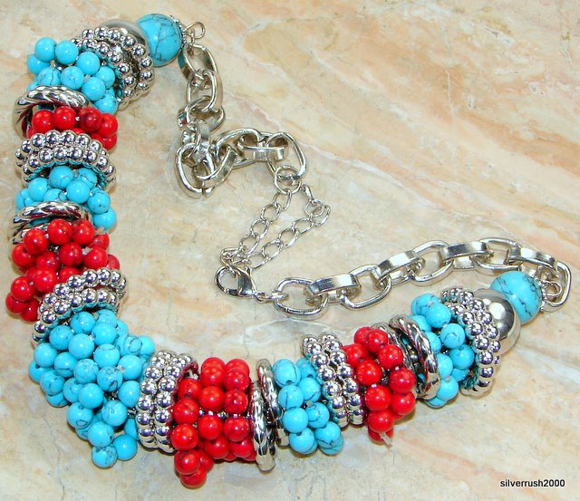 Huge!! Sensational Turquoise & Coral Fashion Jewelry Necklace Save on