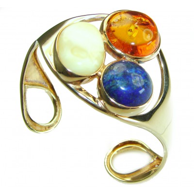 Vintage Design Genuine Amber Lapis Lazuli 14K Gold over .925 Sterling Silver handmade Bracelet / Cuff
