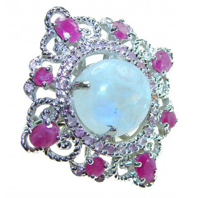 Vintage Style Rainbow Moonstone Ruby .925 Sterling Silver handmade Cocktail Ring s. 7 3/4