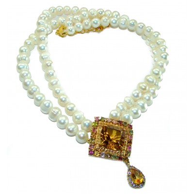 Precious Beauty freshewater Pearls Golden Topaz 14K Gold over .925 Sterling Silver handcrafted Necklace