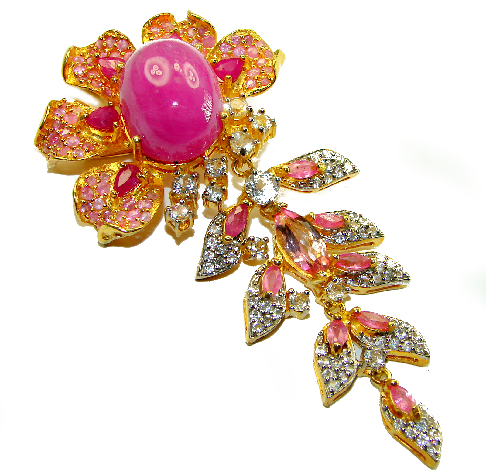 Bella Rosa authentic 10.8 carat Ruby White Sapphire 18K Gold over .925 Sterling Silver handcrafted Statement Statement  Pendant - Brooch