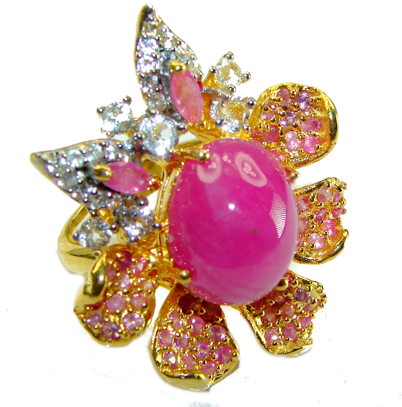 Bella Rosa authentic 11.4 carat Ruby White Sapphire 18K Gold over .925 Sterling Silver handcrafted Statement  Ring s. 8