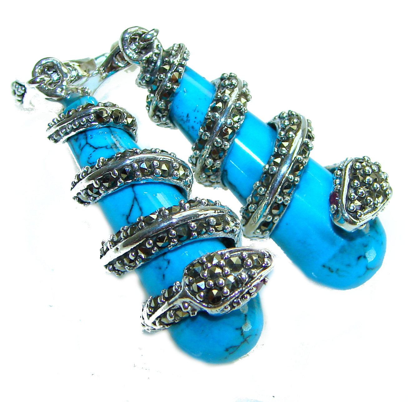 Boa Snakes Turquoise Marcasite  .925 Sterling Silver handcrafted Earrings