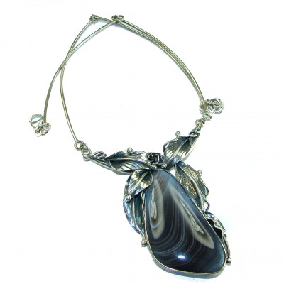 Oversized Bohemian Style genuine Botswana Agate .925 Sterling Silver handcrafted necklace