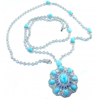 Masterpiece - Caribbean Beauty 36 inches long best quality authentic Larimar White Sapphire .925 Sterling Silver handcrafted necklace