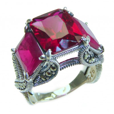 Royalty - natural 22.5 carat Ruby Marcasite .925 Sterling Silver handmade Statement Ring size 8