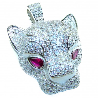 Large Wild Panther 29.8 carat White Saspphire Ruby .925 Sterling Silver handmade Pendant
