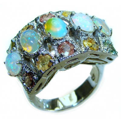 Earth Treasure Authentic 12.8 carat Golden Ethiopian Opal multicolor Sapphire .925 Sterling Silver handcrafted ring size 8