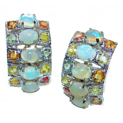 Earth Treasure Authentic 19.8 carat Golden Ethiopian Opal multicolor Sapphire .925 Sterling Silver handcrafted earrings