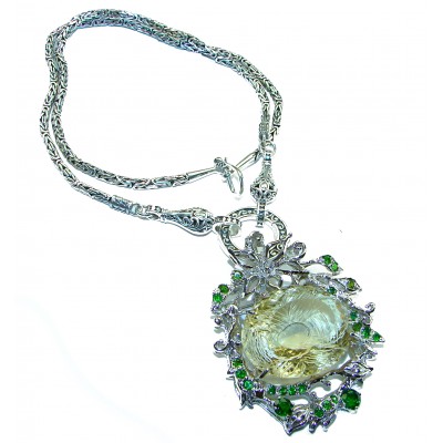 Enchanted Garden 62.2 grams authentic 55.2 carat carved Lemon Quartz Emerald .925 Sterling Silver handcrafted necklace