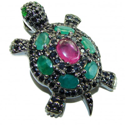 Good health and Long life Turtle Genuine Ruby black rhodium over .925 Sterling Silver handcrafted Pendant brooch