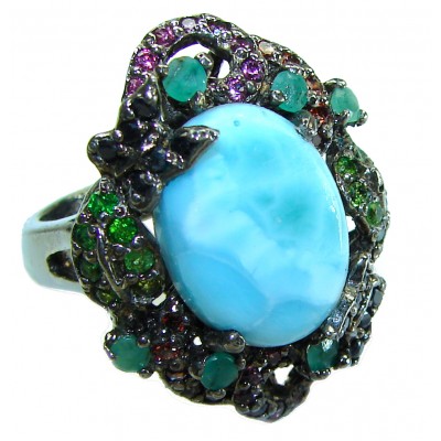 Precious authentic 10.5 carat Blue Larimar black rhodium over .925 Sterling Silver handmade ring size 7 3/4