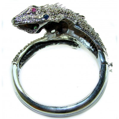 65.2 grams Large Iguana Genuine Marcasite .925 Sterling Silver handmade Bracelet Bangle