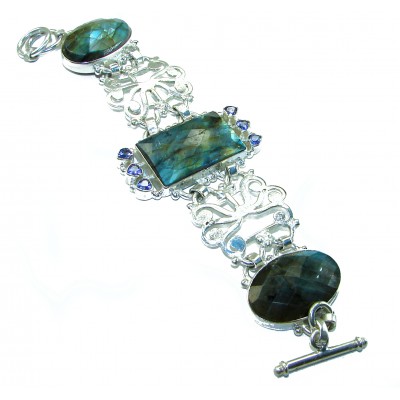 Incredible 75.5 carat Fire Labradorite .925 Sterling Silver Large handcrafted Bracelet