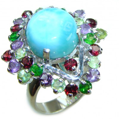Discover the captivating allure of Genuine Caribbean Larimar .925 Sterling Silver handcrafted MASSIVE 21.5 carat STATEMENT ring size 8