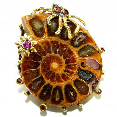 Golden Octopus Large genuine Ammonite 2 tones .925 Sterling Silver handcrafted pendant