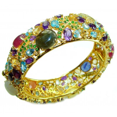 Luxurious Authentic Multigem 18K Gold over .925 Sterling Silver handmade bangle Bracelet