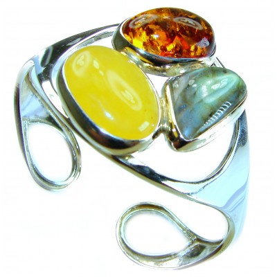 Huge Genuine Golden Baltic Amber Labradorite highly polished .925 Sterling Silver handcrafted Bracelet / Cuff