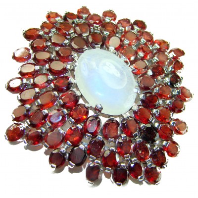 Genuine 55.2 carat Large Rainbow Moonstone Garnet 14k Gold over .925 Sterling Silver handcrafted pendant brooch