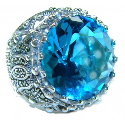 Deep Divine Ocean 44.5 carat Swiss Blue Topaz Marcasite .925 Sterling Silver Handcrafted Ring size 7