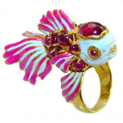 Lucky Fish Enamel 4.5 caratr Ruby 18K Gold over .925 Sterling Silver Huge handcrafted Ring s. 6