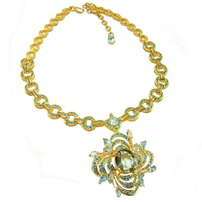 Seaside 185.5 carat Prasolite - Swiss Blue Topaz 18K Gold over .925 Sterling Silver handmade convertible necklace Statement necklace brooch pendant