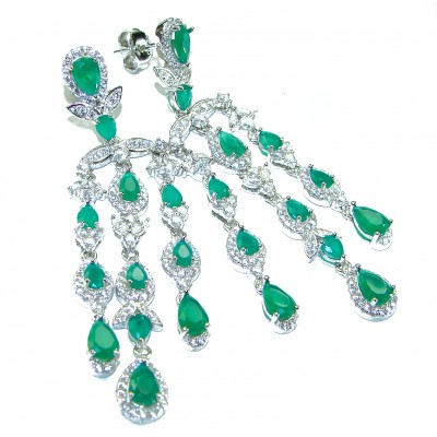 Pure Luxury 18.2 carat natural Colombian Emerald .925 Sterling Silver handmade Long Statement earrings
