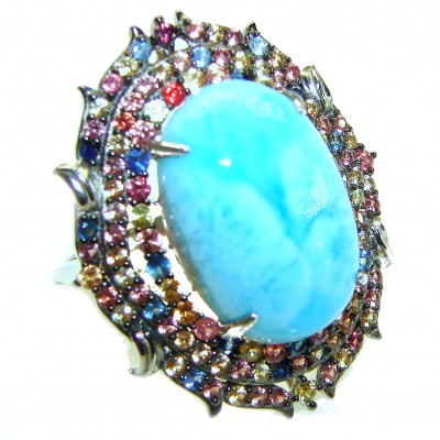 Precious authentic 24.5 carat Blue Larimar 10.2 Multicolor Sapphire .925 Sterling Silver handmade ring size 8 1/4