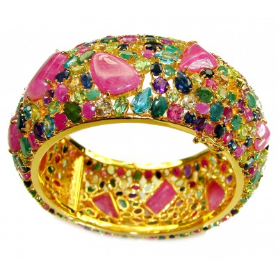 145.2 carat - Miabella- Ruby Emerald Sapphire 18K Gold over .925 Sterling Silver handmade bangle Bracelet